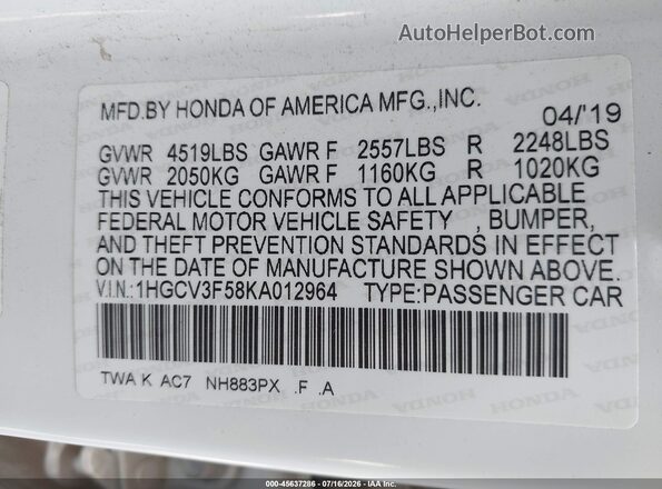 1HGCV3F58KA012964 2019 HONDA ACCORD White Вид підкапотного простору