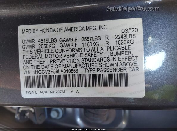 1HGCV3F58LA010858 2020 HONDA ACCORD Gray ძრავის განყოფილების ხედი