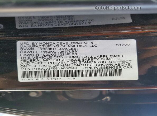 1HGCV3F58NA007249 2022 HONDA ACCORD Black Շարժիչի բաժամունքի տեսք