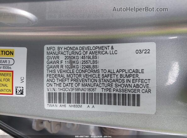 1HGCV3F58NA018087 2022 HONDA ACCORD Silver ძრავის განყოფილების ხედი
