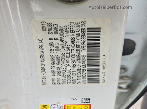 1HGCV3F59KA009829 2019 HONDA ACCORD White Vista del compartimento del motor
