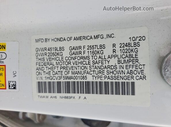 1HGCV3F59MA001085 2021 HONDA ACCORD White Вид підкапотного простору