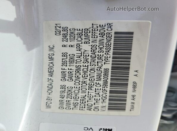 1HGCV3F59MA008666 2021 HONDA ACCORD White Engine compartment view