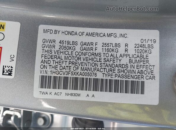 1HGCV3F5XKA005076 2019 HONDA ACCORD Gray Vista del compartimento del motor