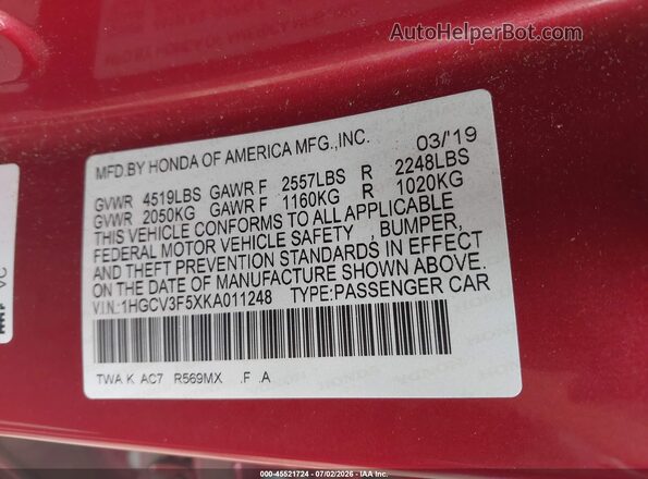 1HGCV3F5XKA011248 2019 HONDA ACCORD Red Вид підкапотного простору
