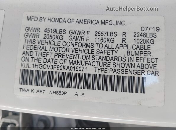 1HGCV3F90KA019071 2019 HONDA ACCORD White Вид підкапотного простору