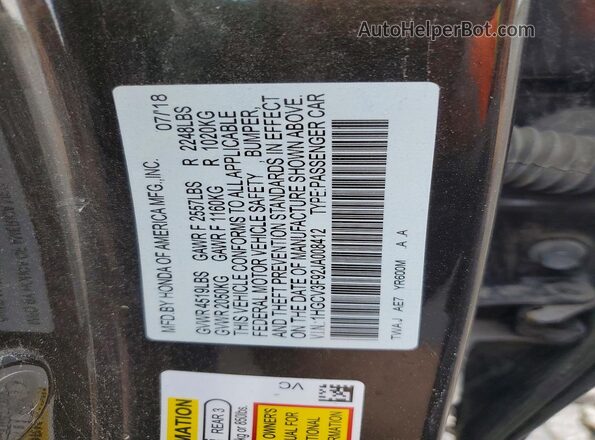 1HGCV3F92JA008412 2018 HONDA ACCORD Gray VIN կոդի պիտակի տեսք