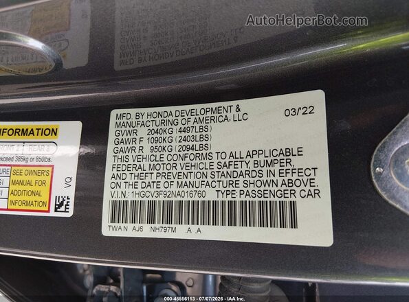 1HGCV3F92NA016760 2022 HONDA ACCORD Gray Widok komory silnika