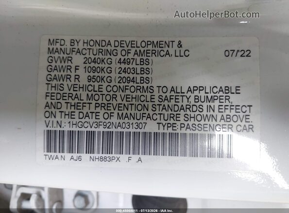 1HGCV3F92NA031307 2022 HONDA ACCORD White Widok komory silnika