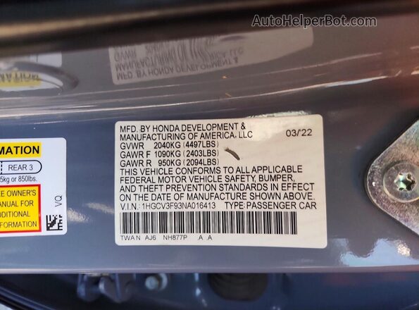 1HGCV3F93NA016413 2022 HONDA ACCORD Gray Շարժիչի բաժամունքի տեսք