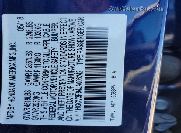 1HGCV3F94JA006242 2018 HONDA ACCORD Blue Vista del compartimento del motor