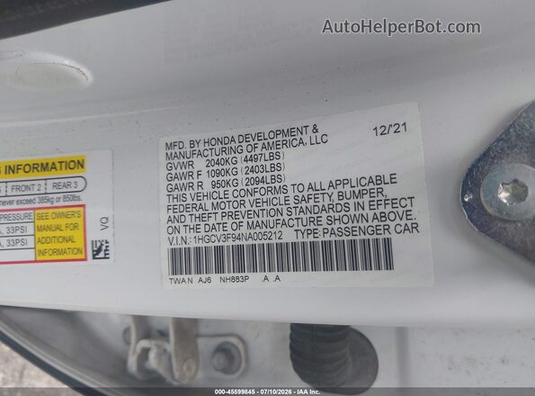 1HGCV3F94NA005212 2022 HONDA ACCORD White ძრავის განყოფილების ხედი