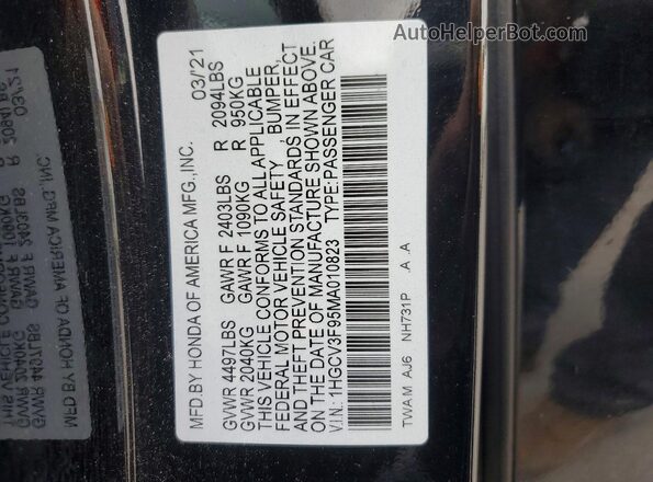 1HGCV3F95MA010823 2021 HONDA ACCORD Black ძრავის განყოფილების ხედი