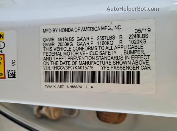 1HGCV3F97KA015776 2019 HONDA ACCORD White Շարժիչի բաժամունքի տեսք