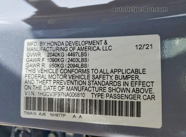 1HGCV3F97NA006810 2022 HONDA ACCORD Серый Вид подкапотного пространства