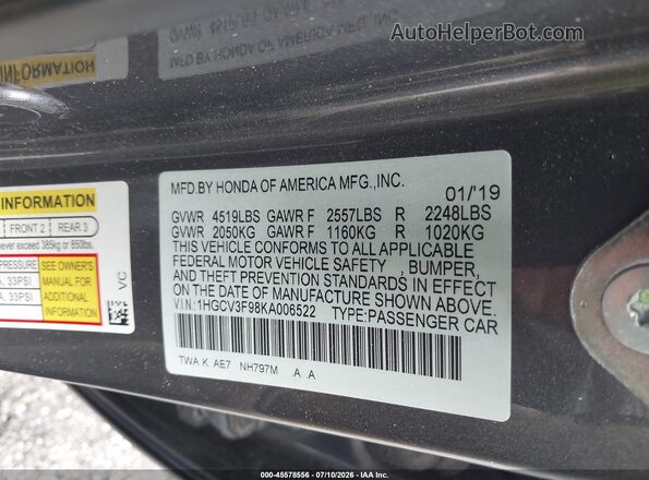 1HGCV3F98KA006522 2019 HONDA ACCORD Gray Vista del compartimento del motor