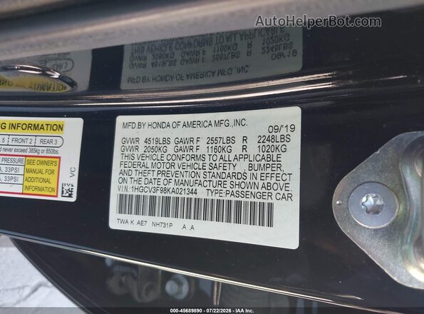 1HGCV3F98KA021344 2019 HONDA ACCORD Black Engine compartment view