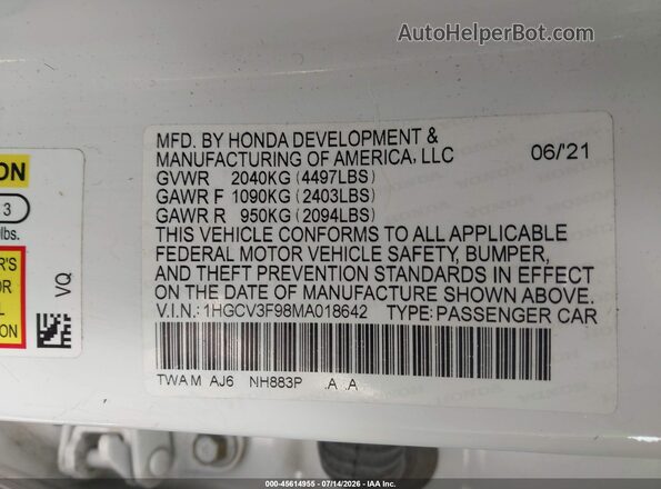 1HGCV3F98MA018642 2021 HONDA ACCORD White Շարժիչի բաժամունքի տեսք