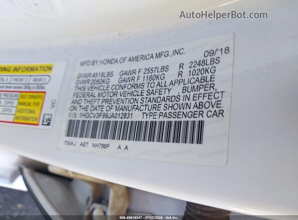 1HGCV3F99JA012831 2018 HONDA ACCORD White Вид підкапотного простору