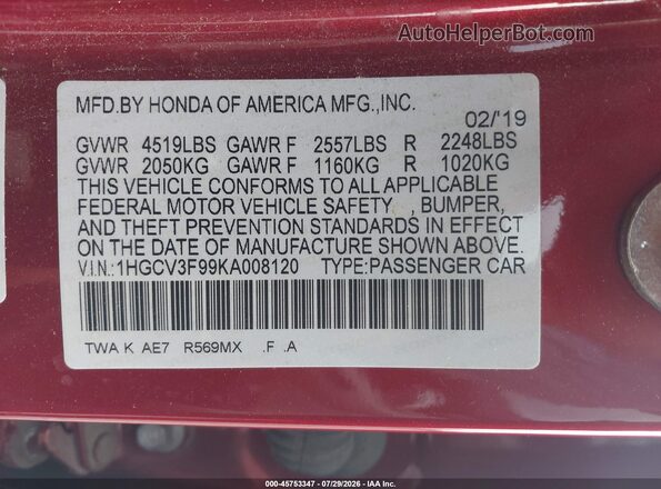 1HGCV3F99KA008120 2019 HONDA ACCORD Red Widok komory silnika