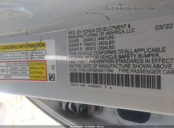 1HGCV3F99NA017596 2022 HONDA ACCORD White Engine compartment view