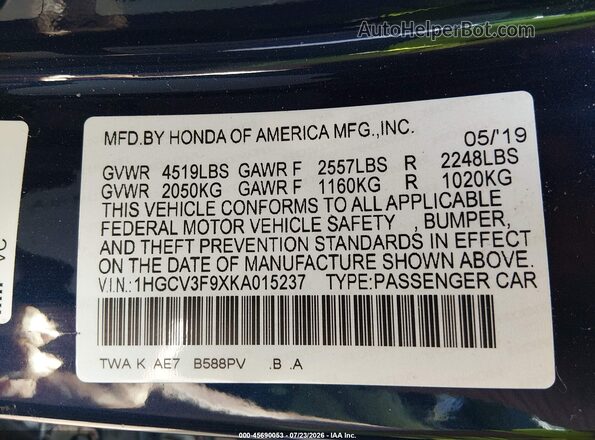 1HGCV3F9XKA015237 2019 HONDA ACCORD Blue Շարժիչի բաժամունքի տեսք