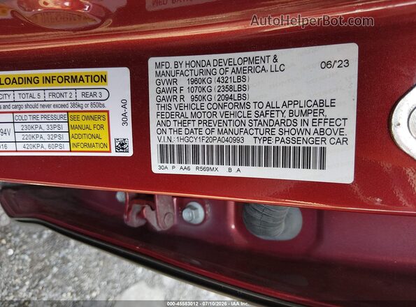 1HGCY1F20PA040993 2023 HONDA ACCORD Red Вид підкапотного простору