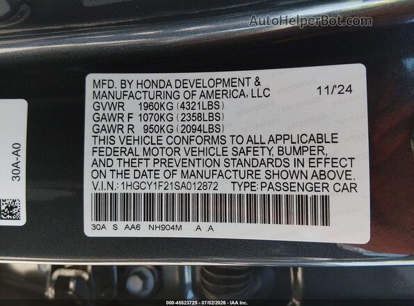 1HGCY1F21SA012872 2025 HONDA ACCORD Gray Շարժիչի բաժամունքի տեսք