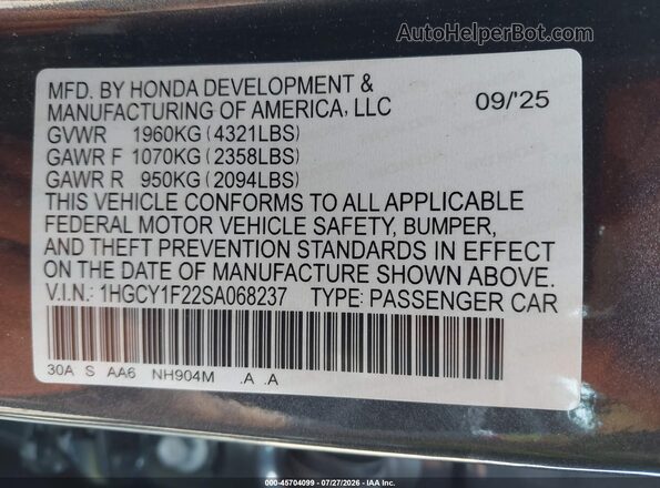 1HGCY1F22SA068237 2025 HONDA ACCORD Gray Շարժիչի բաժամունքի տեսք
