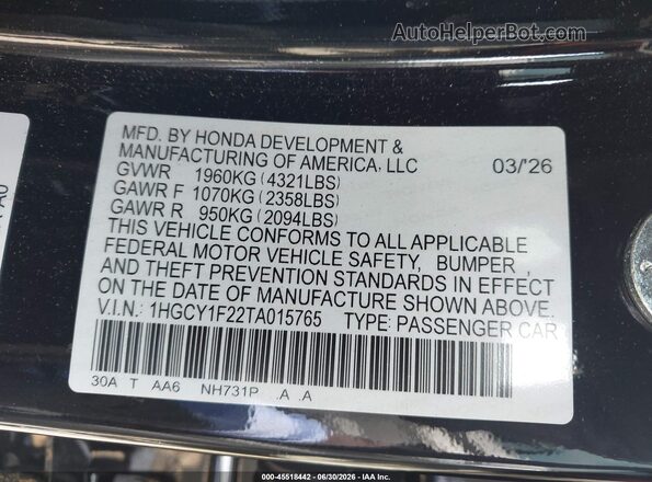 1HGCY1F22TA015765 2026 HONDA ACCORD Black Engine compartment view