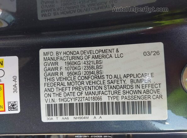 1HGCY1F22TA018066 2026 HONDA ACCORD Gray Engine compartment view