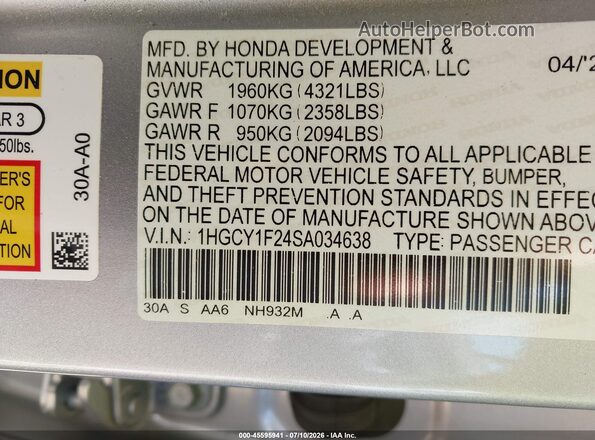 1HGCY1F24SA034638 2025 HONDA ACCORD Silver Շարժիչի բաժամունքի տեսք