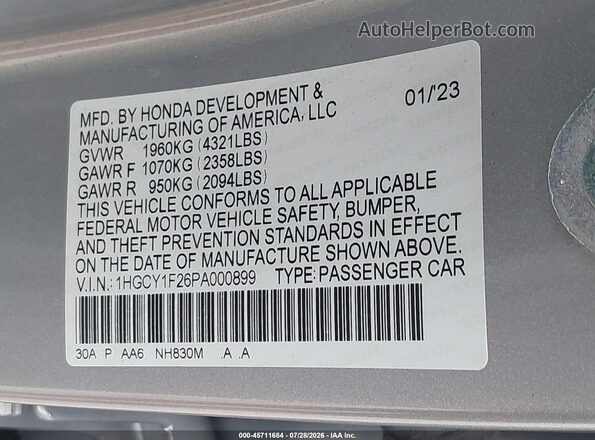 1HGCY1F26PA000899 2023 HONDA ACCORD Silver ძრავის განყოფილების ხედი