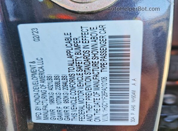 1HGCY1F26PA010106 2023 HONDA ACCORD Gray VIN კოდის სტიკერის ხედი