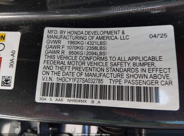 1HGCY1F27SA032785 2025 HONDA ACCORD Gray Engine compartment view