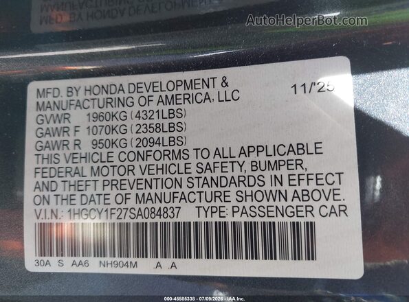 1HGCY1F27SA084837 2025 HONDA ACCORD Black Вид підкапотного простору