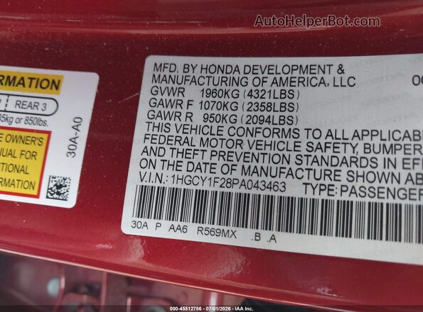 1HGCY1F28PA043463 2023 HONDA ACCORD Red Շարժիչի բաժամունքի տեսք