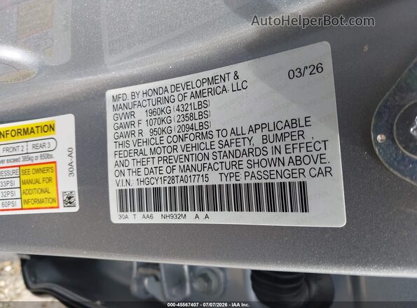 1HGCY1F28TA017715 2026 HONDA ACCORD Silver ძრავის განყოფილების ხედი