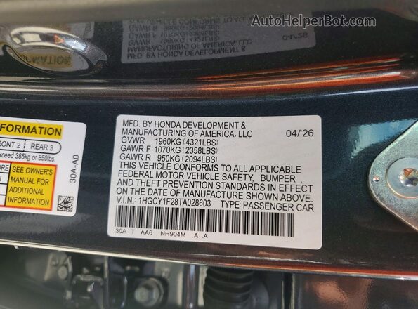 1HGCY1F28TA028603 2026 HONDA ACCORD Gray Вид наклейки з VIN-кодом
