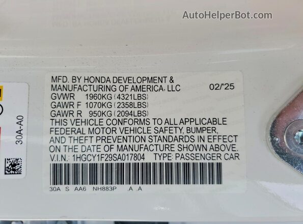 1HGCY1F29SA017804 2025 HONDA ACCORD White VIN კოდის სტიკერის ხედი