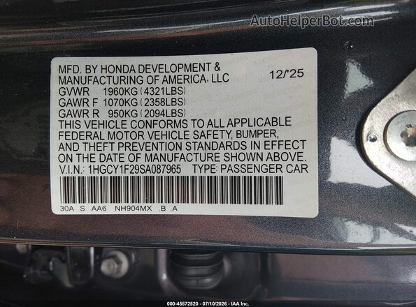 1HGCY1F29SA087965 2025 HONDA ACCORD Gray Շարժիչի բաժամունքի տեսք