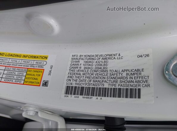 1HGCY1F29TA023779 2026 HONDA ACCORD Белый Вид подкапотного пространства