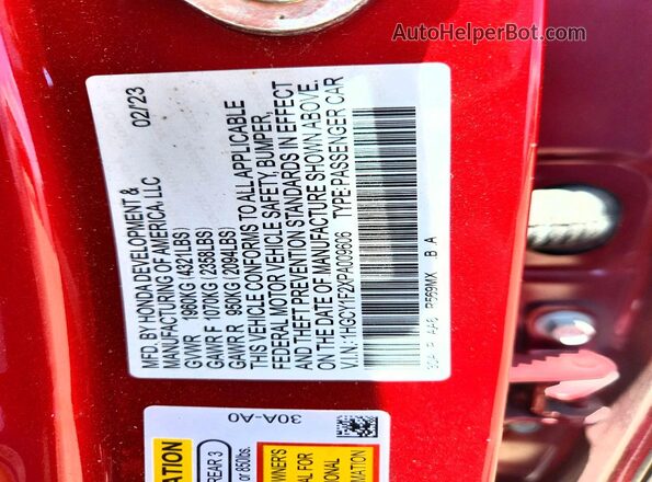 1HGCY1F2XPA009606 2023 HONDA ACCORD Red Вид підкапотного простору