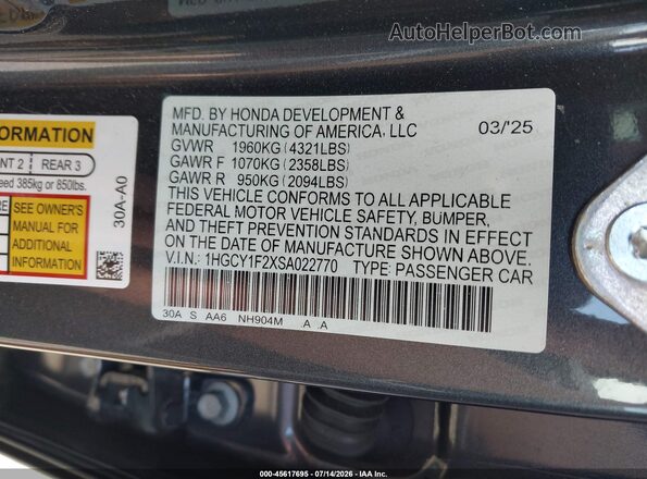 1HGCY1F2XSA022770 2025 HONDA ACCORD Gray Vista del compartimento del motor