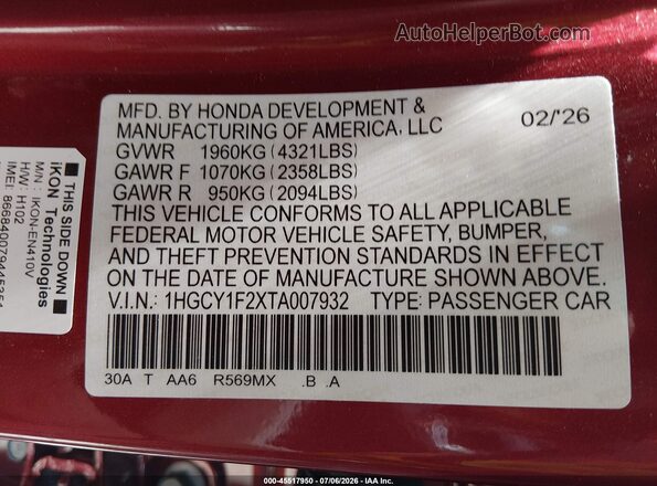 1HGCY1F2XTA007932 2026 HONDA ACCORD Red Engine compartment view