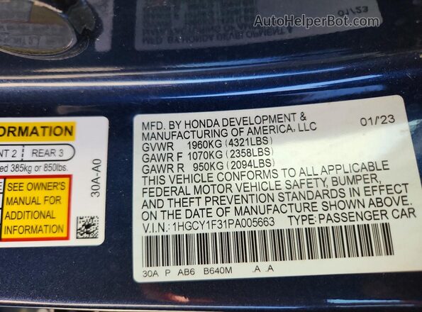 1HGCY1F31PA005663 2023 HONDA ACCORD Blue Vista de la etiqueta del VIN