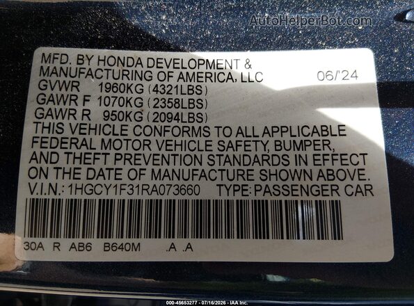 1HGCY1F31RA073660 2024 HONDA ACCORD Blue ძრავის განყოფილების ხედი