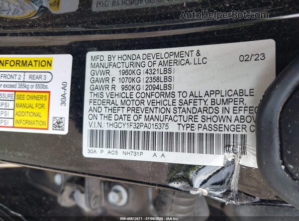 1HGCY1F32PA015375 2023 HONDA ACCORD Black Շարժիչի բաժամունքի տեսք
