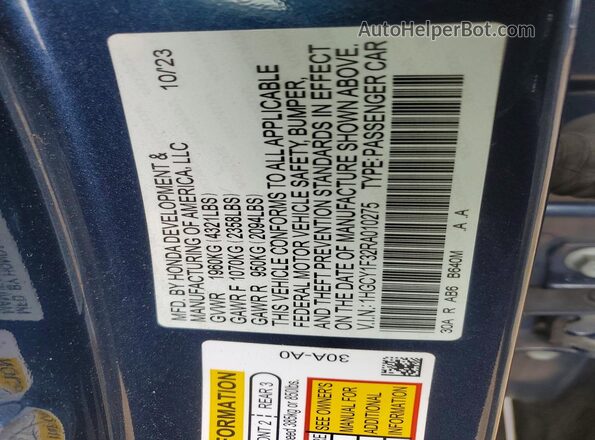 1HGCY1F32RA010275 2024 HONDA ACCORD Blue Widok naklejki z numerem VIN