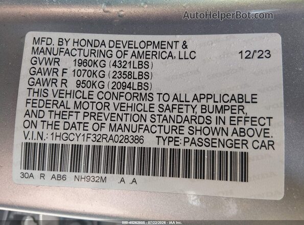 1HGCY1F32RA028386 2024 HONDA ACCORD Silver Engine compartment view